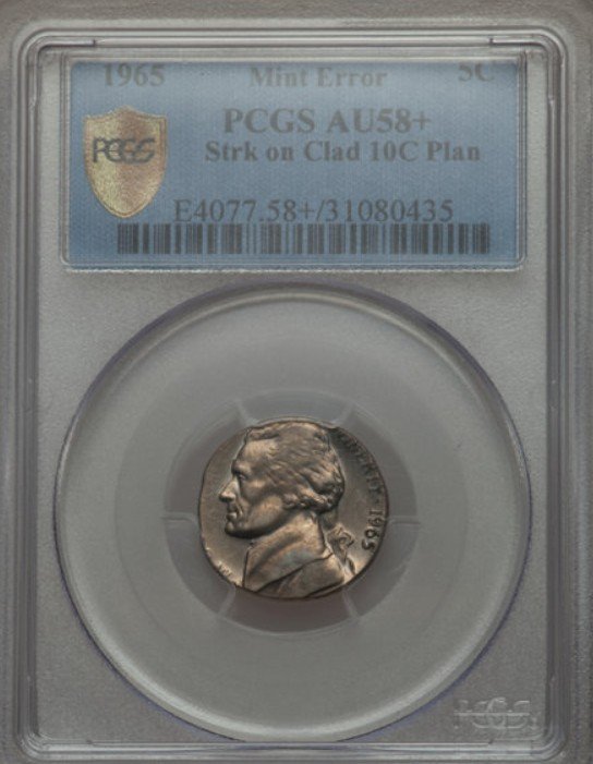 1965 Nickel — Struck on a Clad 10-Cent Planchet
