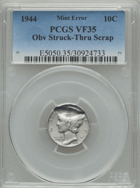 1944 Dime Obverse Struck-Thru Error