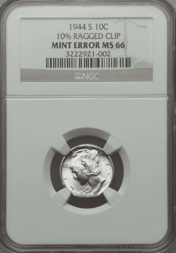 1944-S Dime Ragged Clip Error (10%)