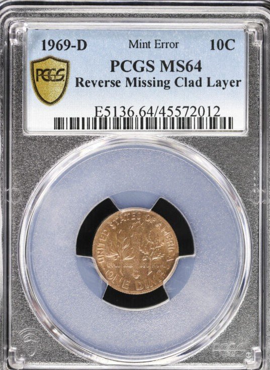 1969-D Dime Missing Clad Layer (Reverse)