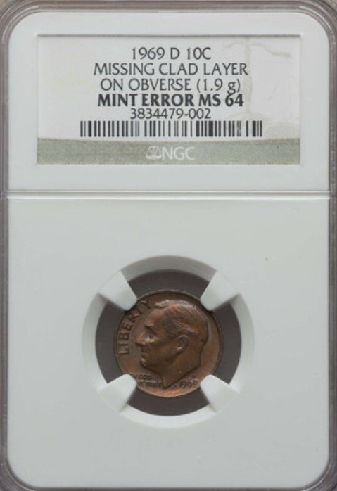 1969-D Dime Missing Clad Layer Obverse
