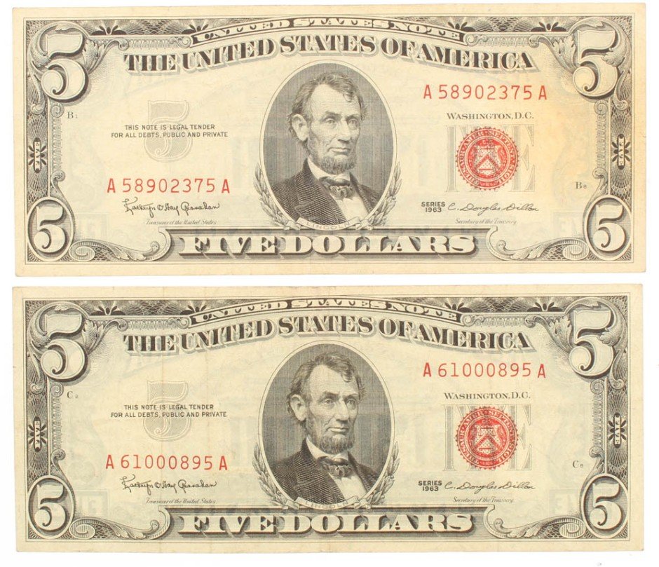 1963 Five Dollar Bill Red Writing
