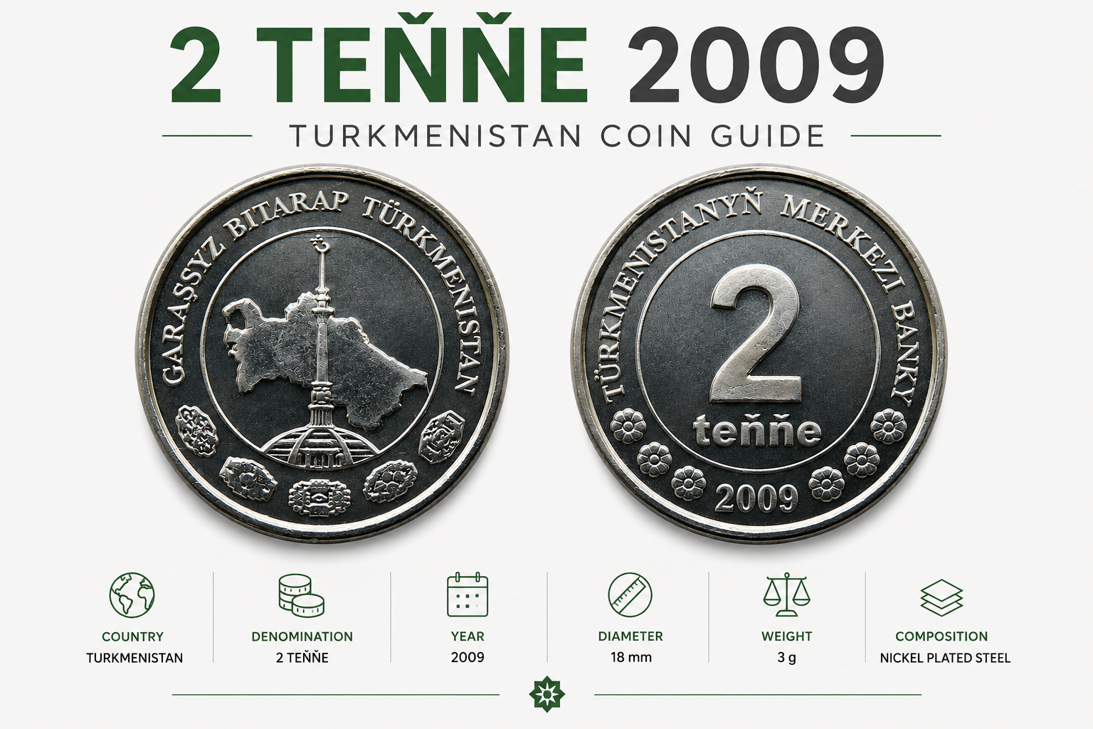 2 Teňňe 2009 Coin Value: Turkmenistan 2 Tenge Coin Guide