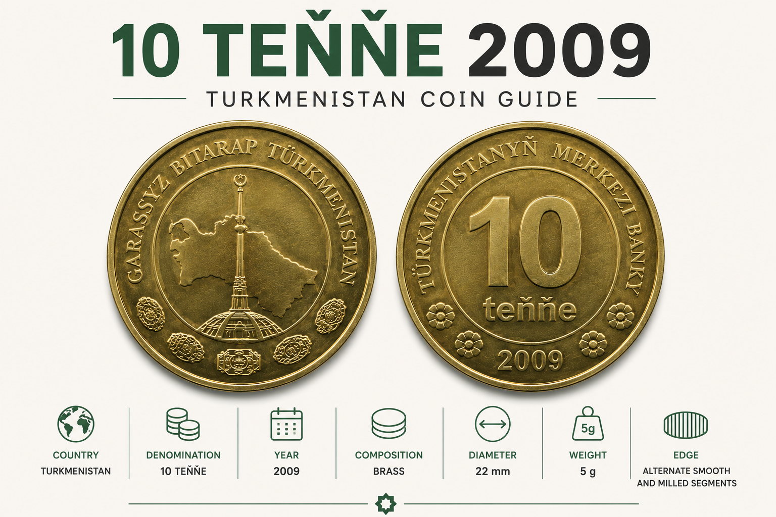 10 Teňňe 2009 Coin Value: Turkmenistan 10 Teňňe Worth, History and Collector Guide